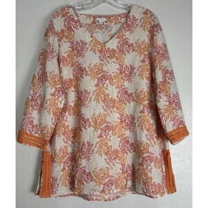 J Jill Linen Blend Coral Reef Tunic Pink Orange L 1892